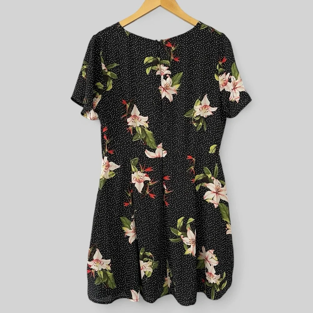 Lulus Dress Womens XL Black Polka Dot Floral Tropical Print Short Sleeve - Picture 2 of 7